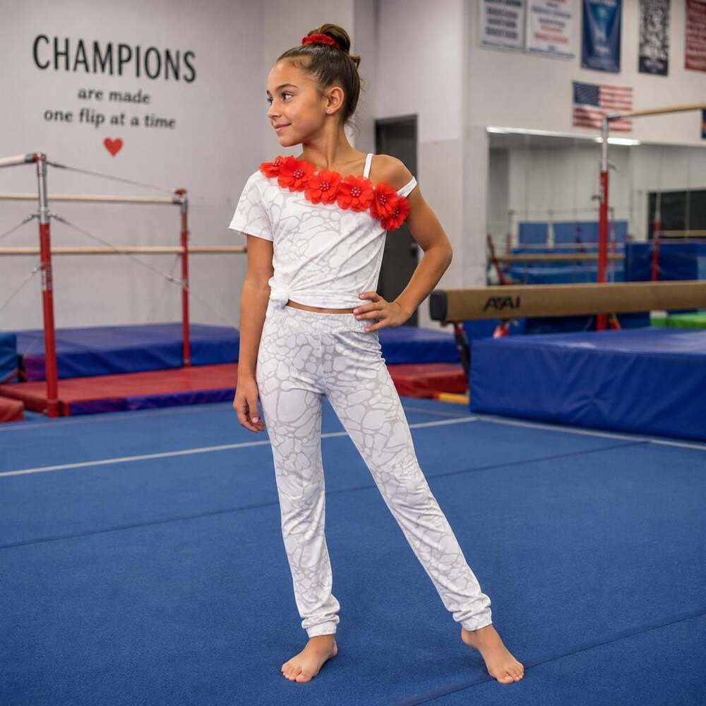 Destira Gymnastics Leotard Set White Gray Abstract Leaf Print Red Floral Appliqu